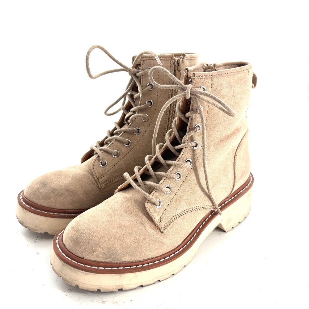 Steve Madden Girl Carra Combat Boots 7 Tan Beige Desert Lace Up Ankle Booties